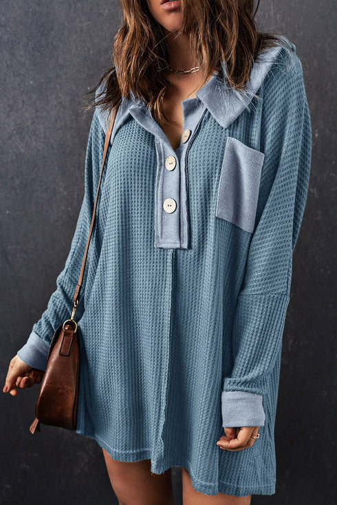 Waffle Knit Buttoned Long Sleeve Top