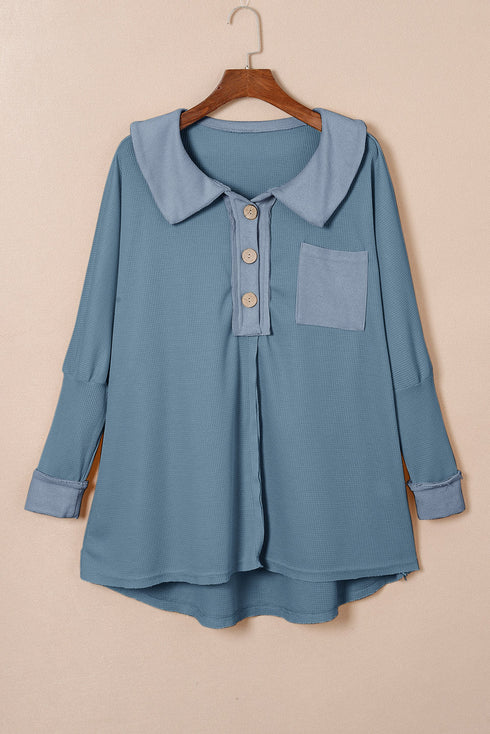 Waffle Knit Buttoned Long Sleeve Top