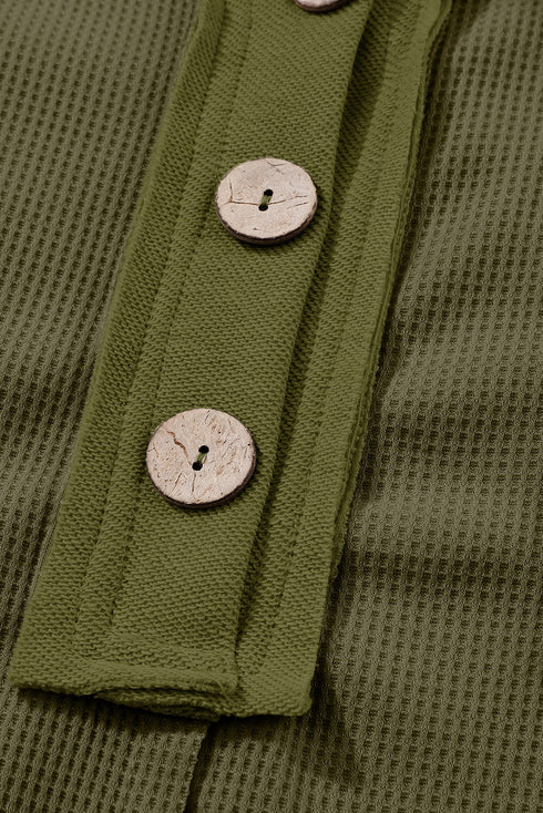 Waffle Knit Buttoned Long Sleeve Top