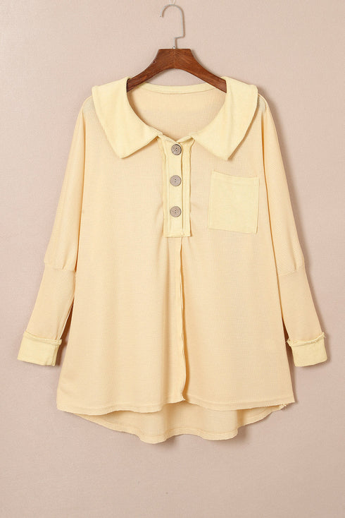 Waffle Knit Buttoned Long Sleeve Top