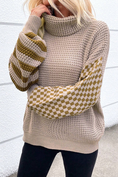 Waffle Knit Checkered Sleeve Turtleneck Sweater