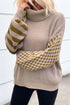Waffle Knit Checkered Sleeve Turtleneck Sweater