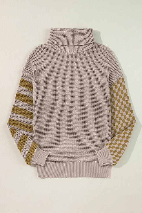 Waffle Knit Checkered Sleeve Turtleneck Sweater