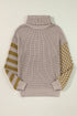 Waffle Knit Checkered Sleeve Turtleneck Sweater
