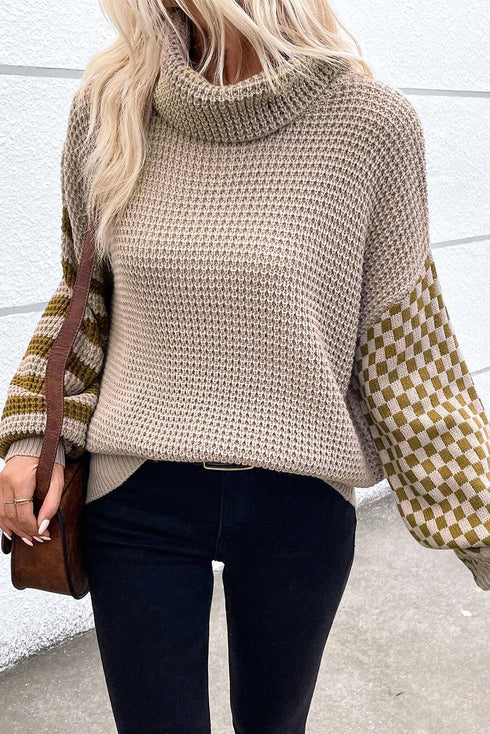 Waffle Knit Checkered Sleeve Turtleneck Sweater