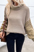 Waffle Knit Checkered Sleeve Turtleneck Sweater
