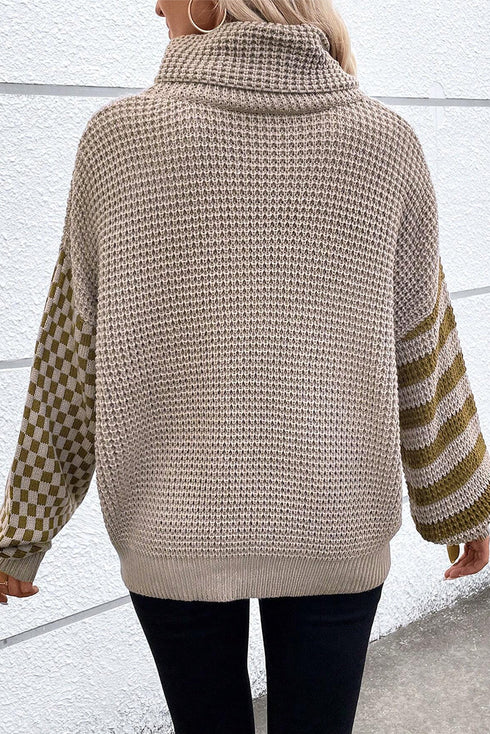 Waffle Knit Checkered Sleeve Turtleneck Sweater