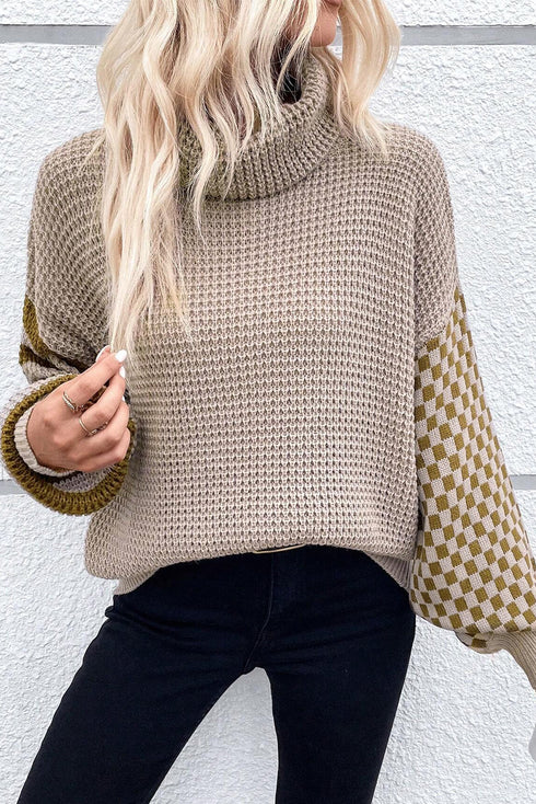 Waffle Knit Checkered Sleeve Turtleneck Sweater