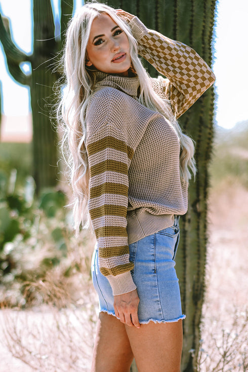 Waffle Knit Checkered Sleeve Turtleneck Sweater