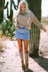 Waffle Knit Checkered Sleeve Turtleneck Sweater