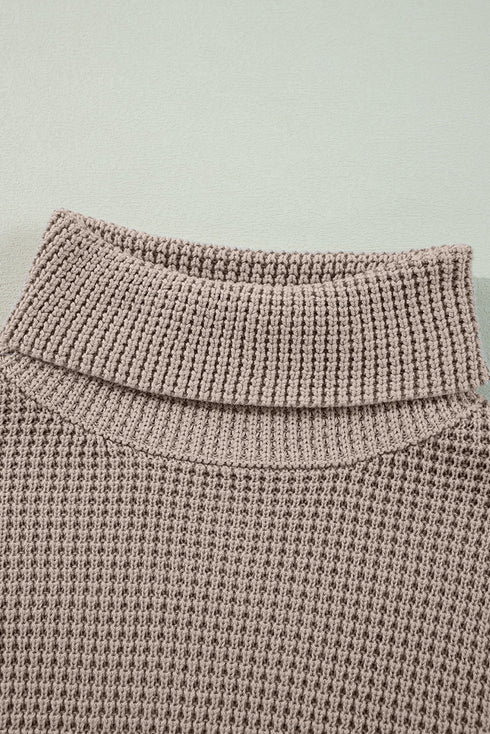 Waffle Knit Checkered Sleeve Turtleneck Sweater