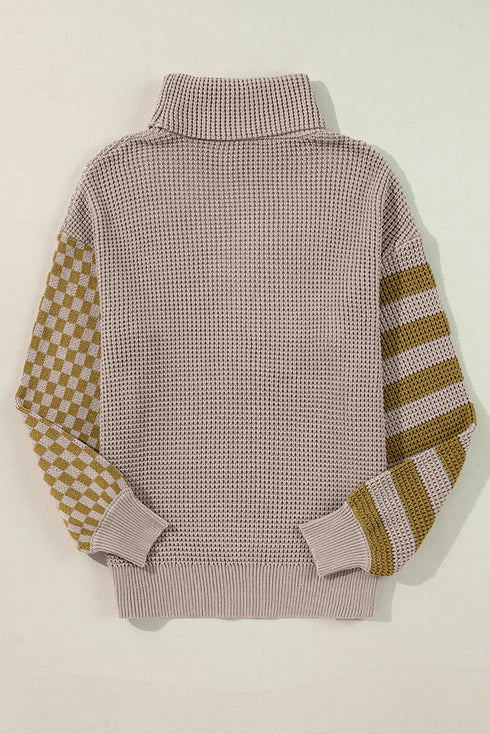 Waffle Knit Checkered Sleeve Turtleneck Sweater