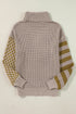 Waffle Knit Checkered Sleeve Turtleneck Sweater