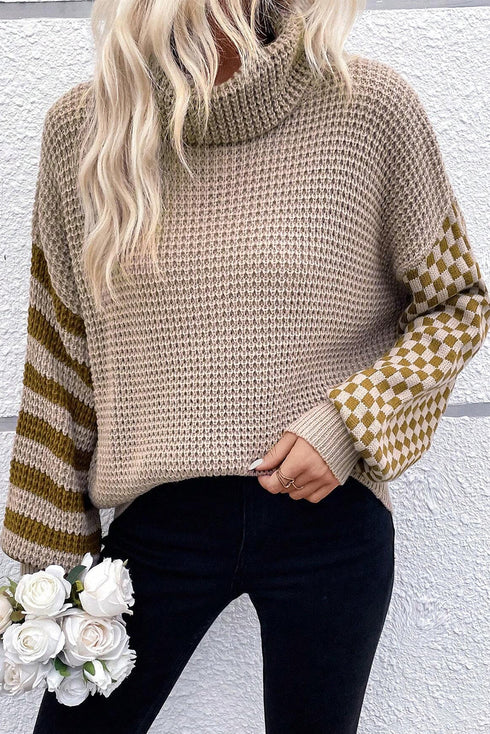 Waffle Knit Checkered Sleeve Turtleneck Sweater
