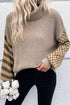 Waffle Knit Checkered Sleeve Turtleneck Sweater