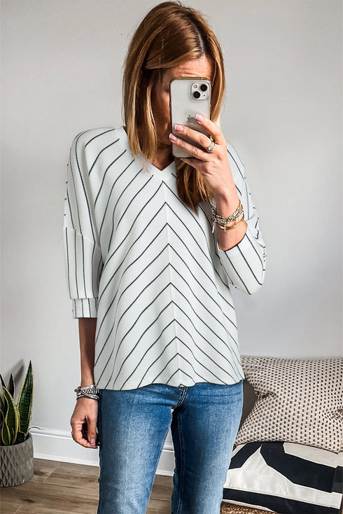 Waffle Knit Chevron Stripe V Neck Long Sleeve Top