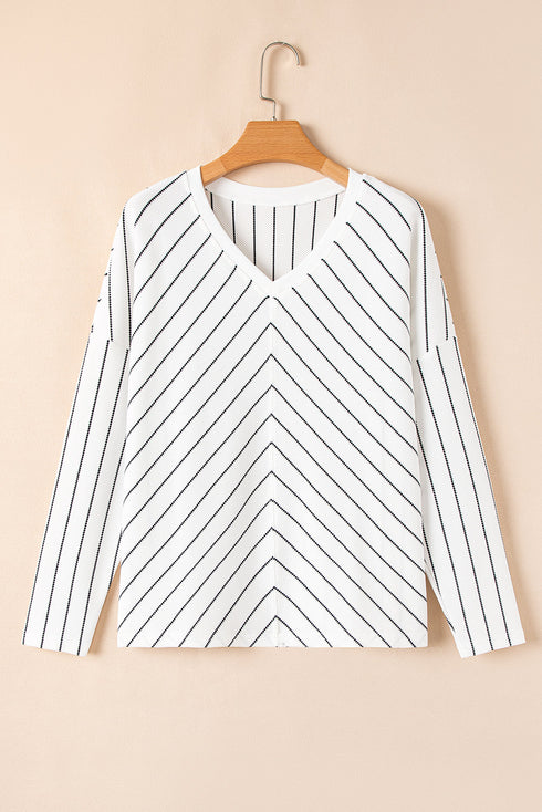 Waffle Knit Chevron Stripe V Neck Long Sleeve Top