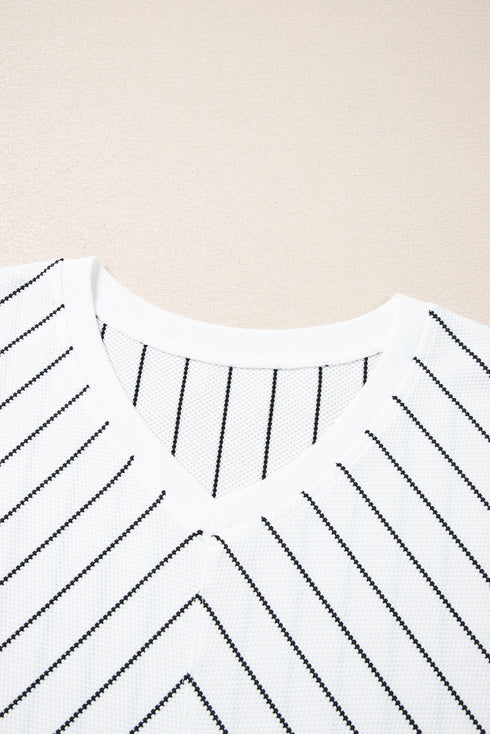 Waffle Knit Chevron Stripe V Neck Long Sleeve Top