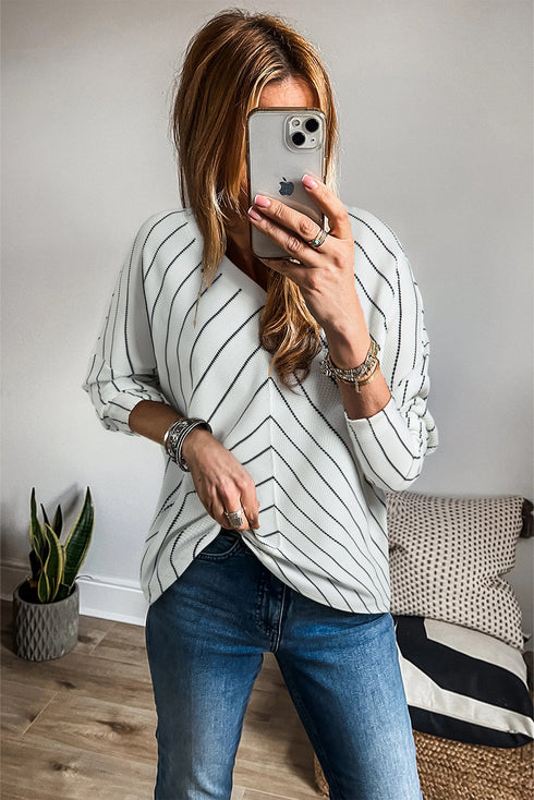 Waffle Knit Chevron Stripe V Neck Long Sleeve Top