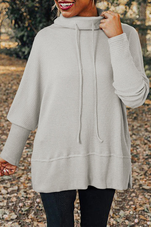 Waffle Knit Cowl Neck Drawstring Pullover Tunic