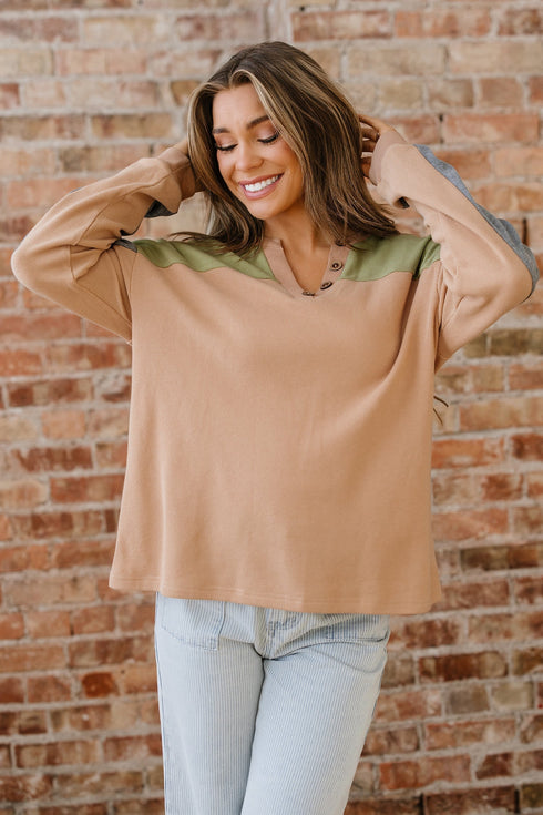 Waffle Knit Drop Shoulder Button Placket Thermal Top