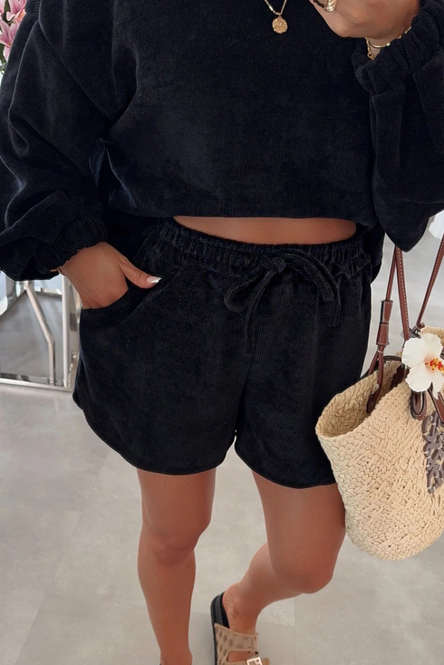Waffle Knit Drop Shoulder Pullover Drawstring Short Sets