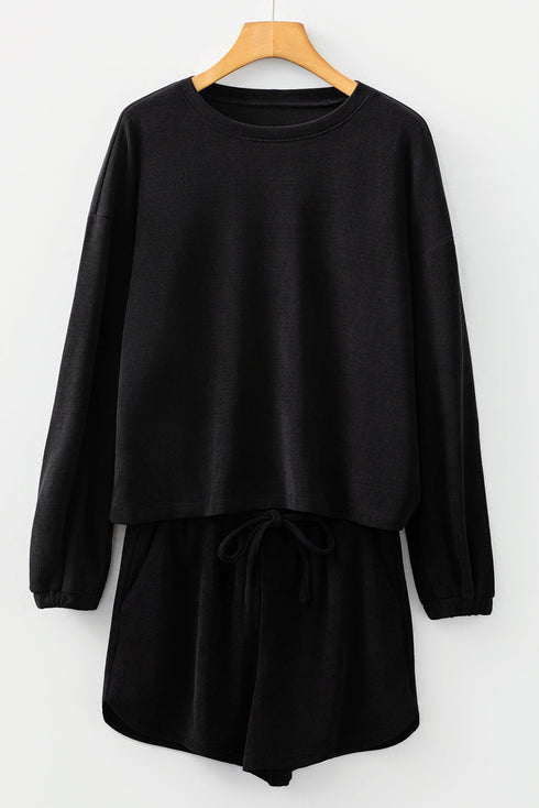 Waffle Knit Drop Shoulder Pullover Drawstring Short Sets