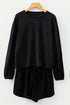Waffle Knit Drop Shoulder Pullover Drawstring Short Sets