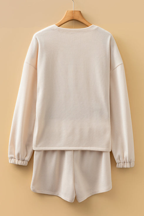 Waffle Knit Drop Shoulder Pullover Drawstring Short Sets