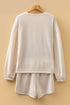 Waffle Knit Drop Shoulder Pullover Drawstring Short Sets