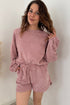 Waffle Knit Drop Shoulder Pullover Drawstring Short Sets