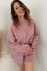 Waffle Knit Drop Shoulder Pullover Drawstring Short Sets
