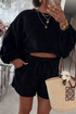 Waffle Knit Drop Shoulder Pullover Drawstring Short Sets