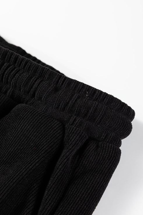 Waffle Knit Drop Shoulder Pullover Drawstring Short Sets
