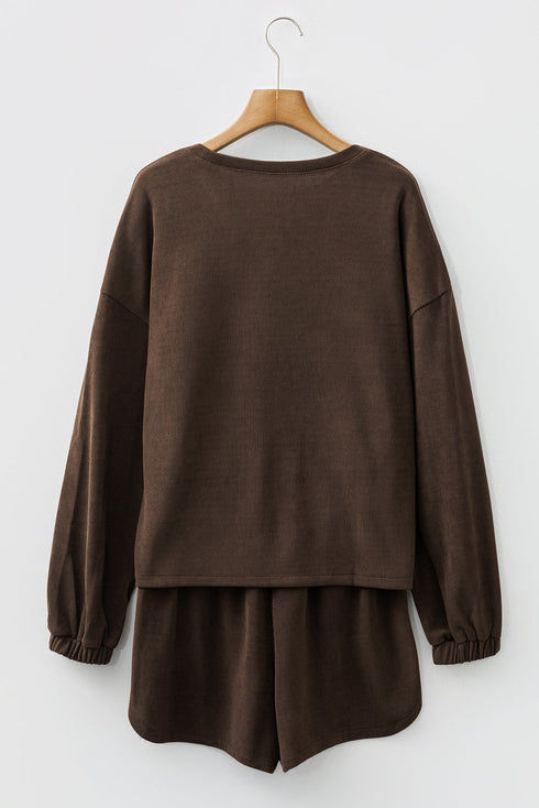 Waffle Knit Drop Shoulder Pullover Drawstring Short Sets