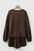 Waffle Knit Drop Shoulder Pullover Drawstring Short Sets