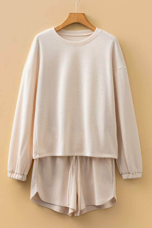 Waffle Knit Drop Shoulder Pullover Drawstring Short Sets