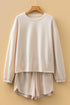 Waffle Knit Drop Shoulder Pullover Drawstring Short Sets