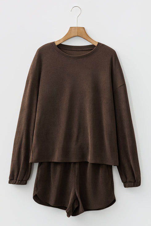 Waffle Knit Drop Shoulder Pullover Drawstring Short Sets