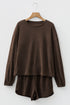 Waffle Knit Drop Shoulder Pullover Drawstring Short Sets