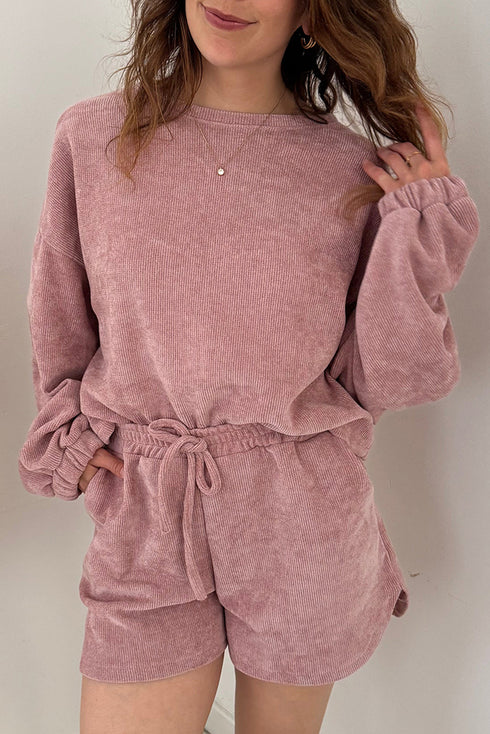 Waffle Knit Drop Shoulder Pullover Drawstring Short Sets
