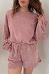 Waffle Knit Drop Shoulder Pullover Drawstring Short Sets