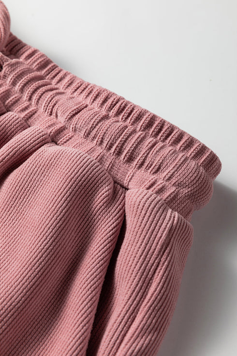 Waffle Knit Drop Shoulder Pullover Drawstring Short Sets