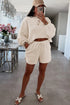 Waffle Knit Drop Shoulder Pullover Drawstring Short Sets