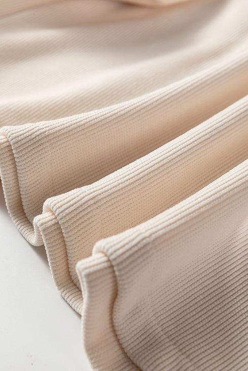Waffle Knit Drop Shoulder Pullover Drawstring Short Sets