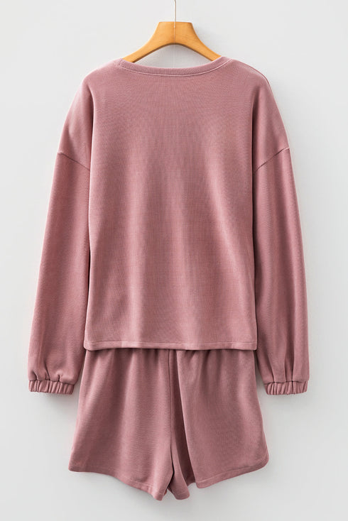 Waffle Knit Drop Shoulder Pullover Drawstring Short Sets