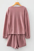 Waffle Knit Drop Shoulder Pullover Drawstring Short Sets