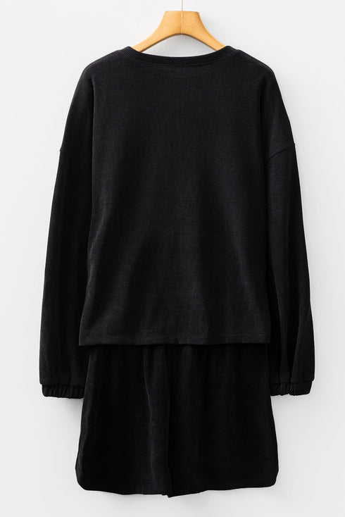 Waffle Knit Drop Shoulder Pullover Drawstring Short Sets