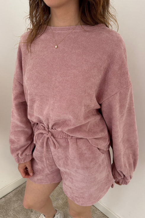 Waffle Knit Drop Shoulder Pullover Drawstring Short Sets