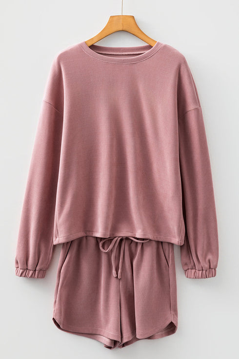 Waffle Knit Drop Shoulder Pullover Drawstring Short Sets